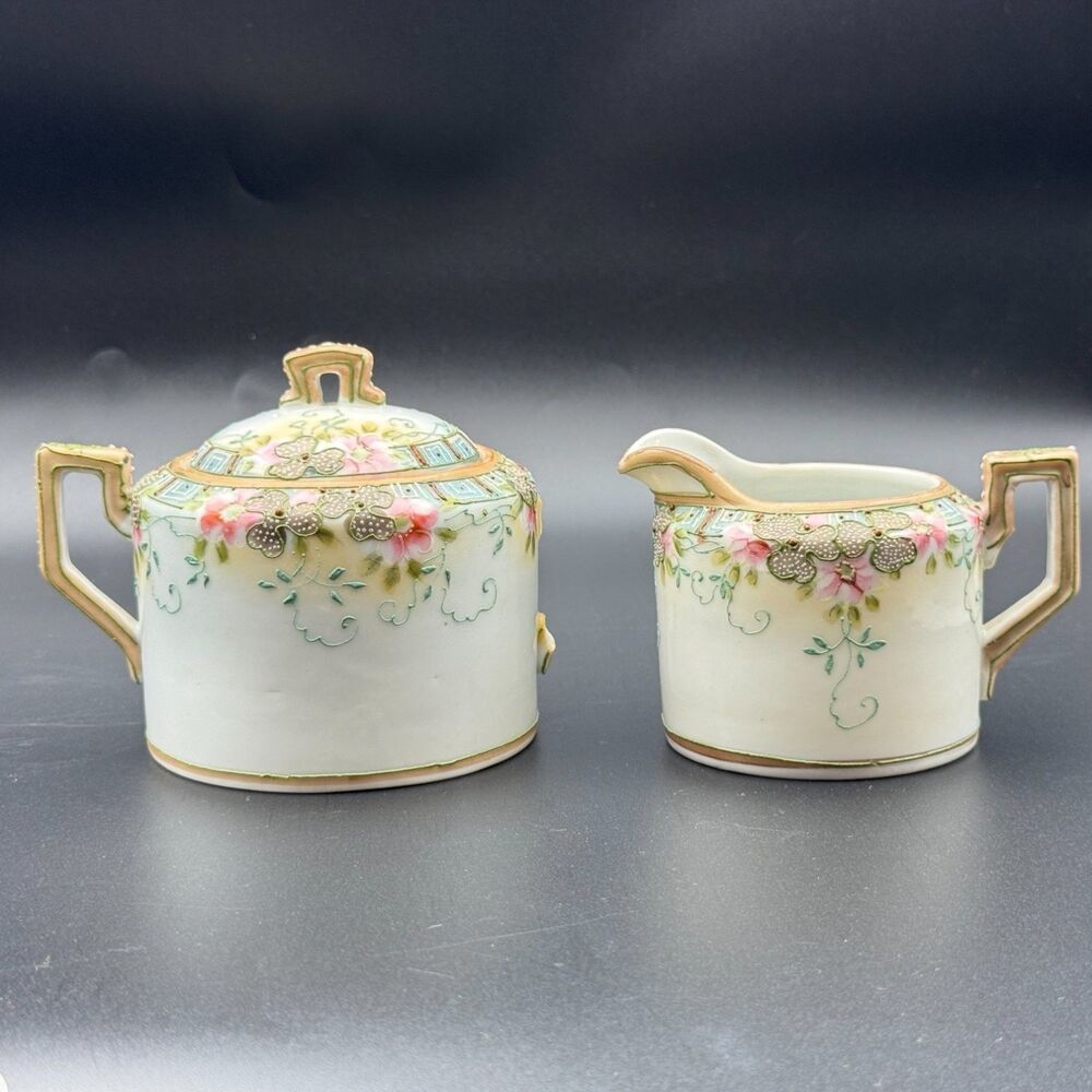 Antique Nippon Porcelain Sugar Bowl Creamer Set Hand Painted Floral Repair
